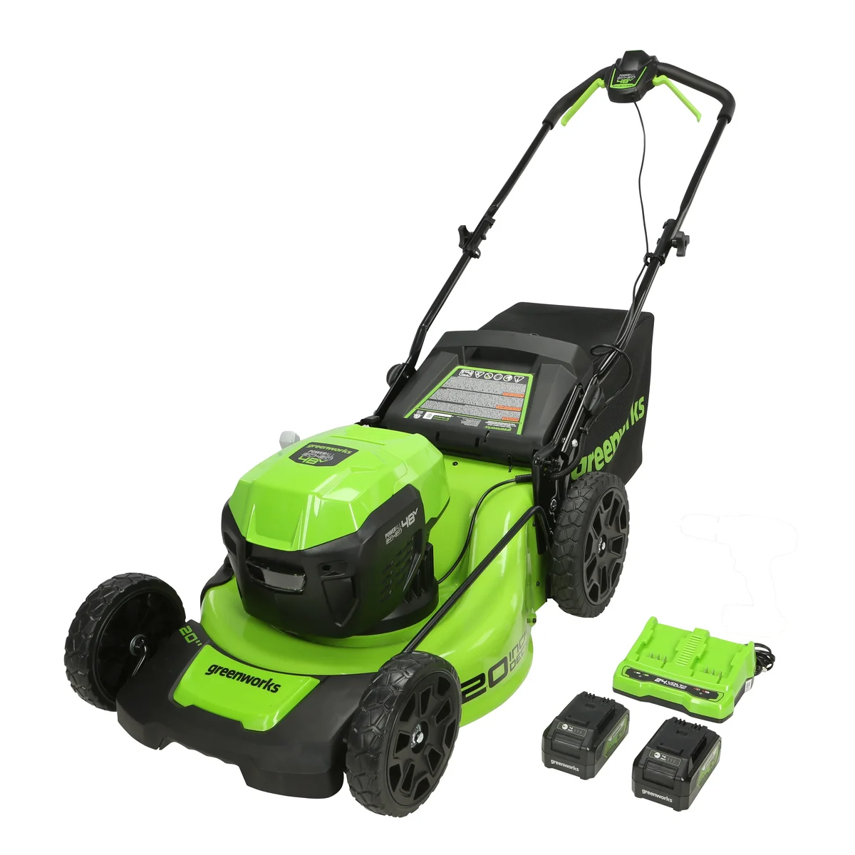 Greenworks 48V (24V x 2) 20" Brushless Battery-Powered Lawn Mower + Two (2) 4.0Ah USB Batteries and Charger 7965