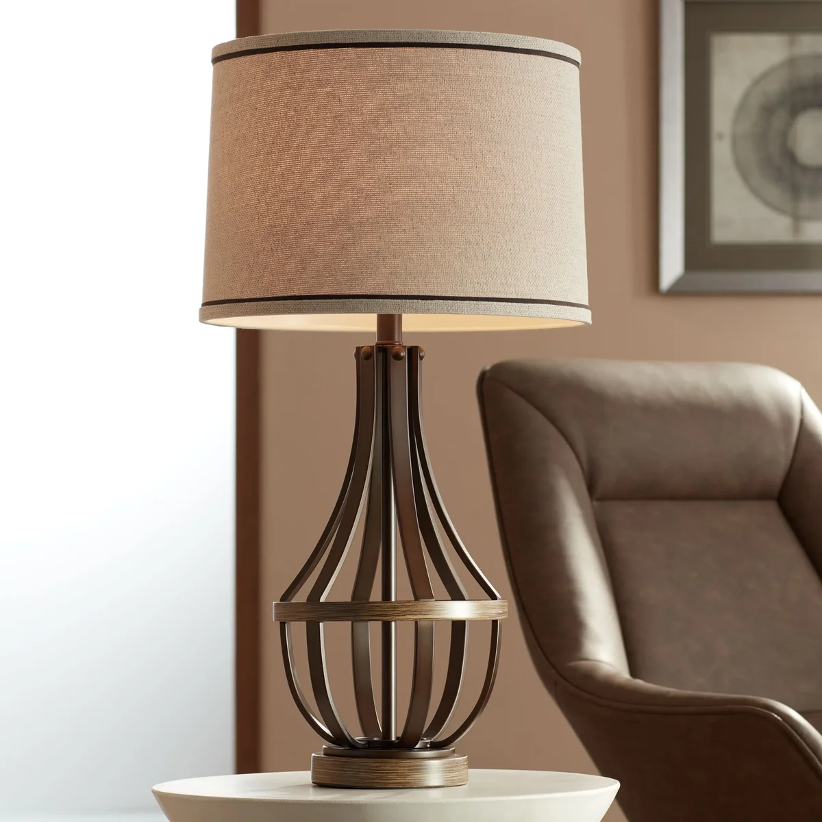 Everdaily Essentials Louanne Industrial Table Lamp 29" Tall Oil Rubbed Bronze Metal Burlap Linen Drum Shade for BBedroom Living Room Bedside Night 0582