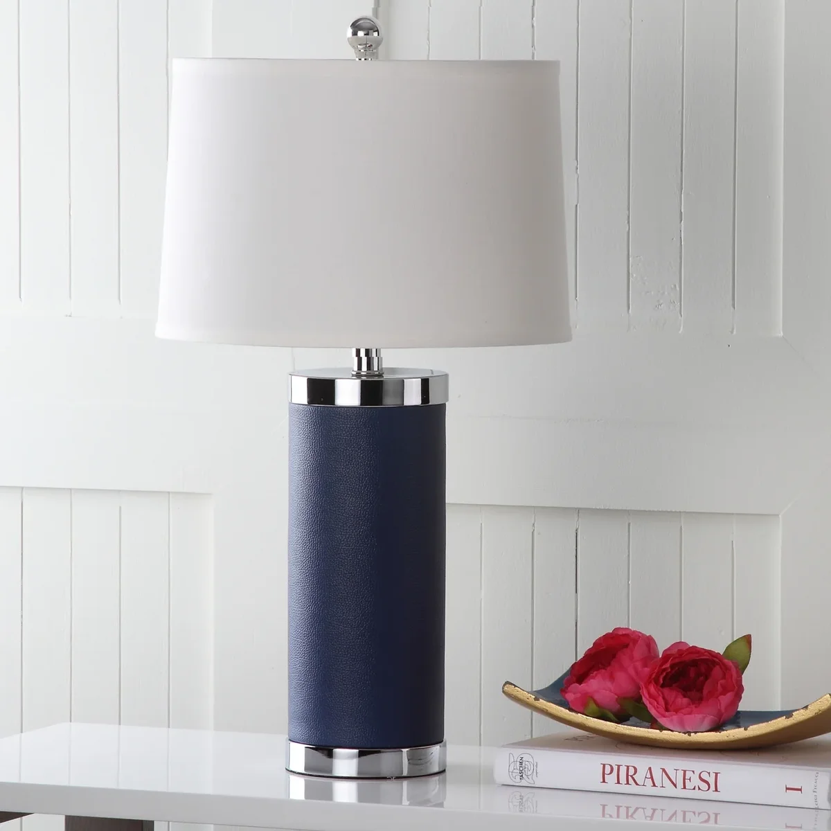 Everdaily Essentials Leather 25 in. H Retro Column Table Lamp, Navy, Set of 2 2670