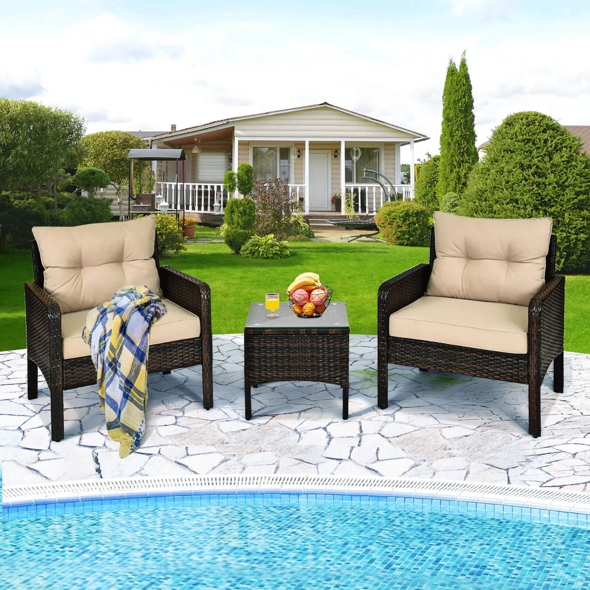 Costway 3 PCS Patio PE Wicker Furniture Set with Cushions and Tempered Glass Coffee Table Brown 2165