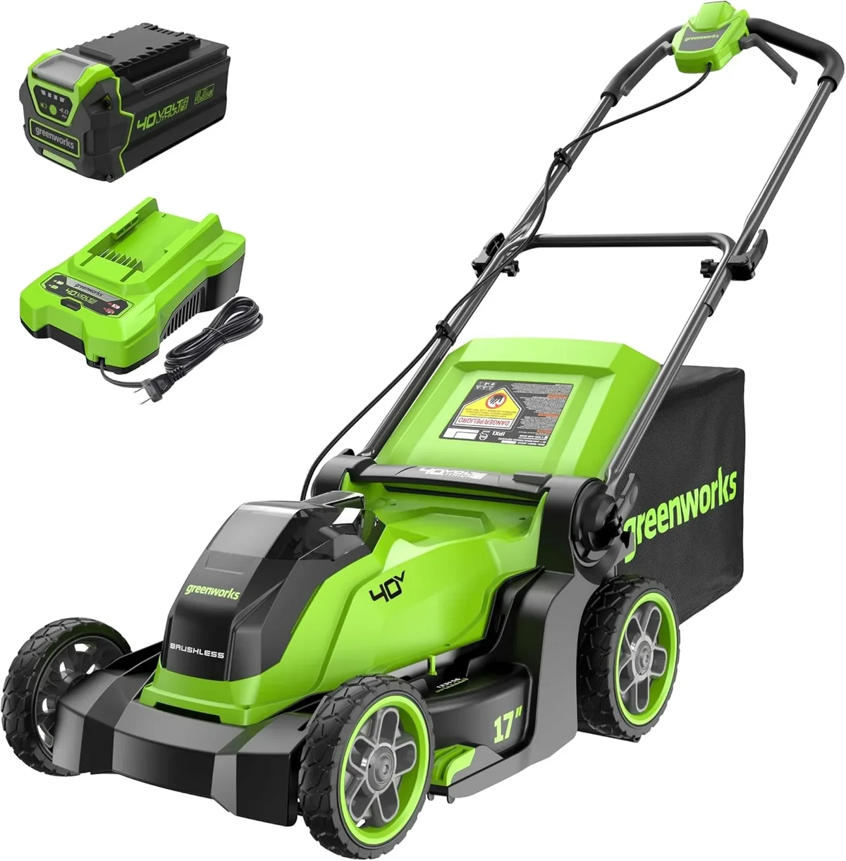 Greenworks 40V 17" Cordless Lawn Mower – Brushless Motor, 4.0Ah Battery & Charger (75+ Compatible Tools), 2-in-1 Mulch/Bag 0859