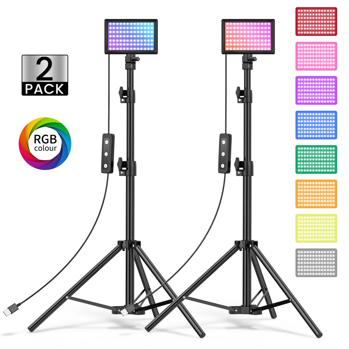 Cshidworld 2-Pack LED Video Light Kit, Remote Control Dimmable USB LED Continuous Light Photography Light with Tripods, 9 Color Filters and 10 Br 1802
