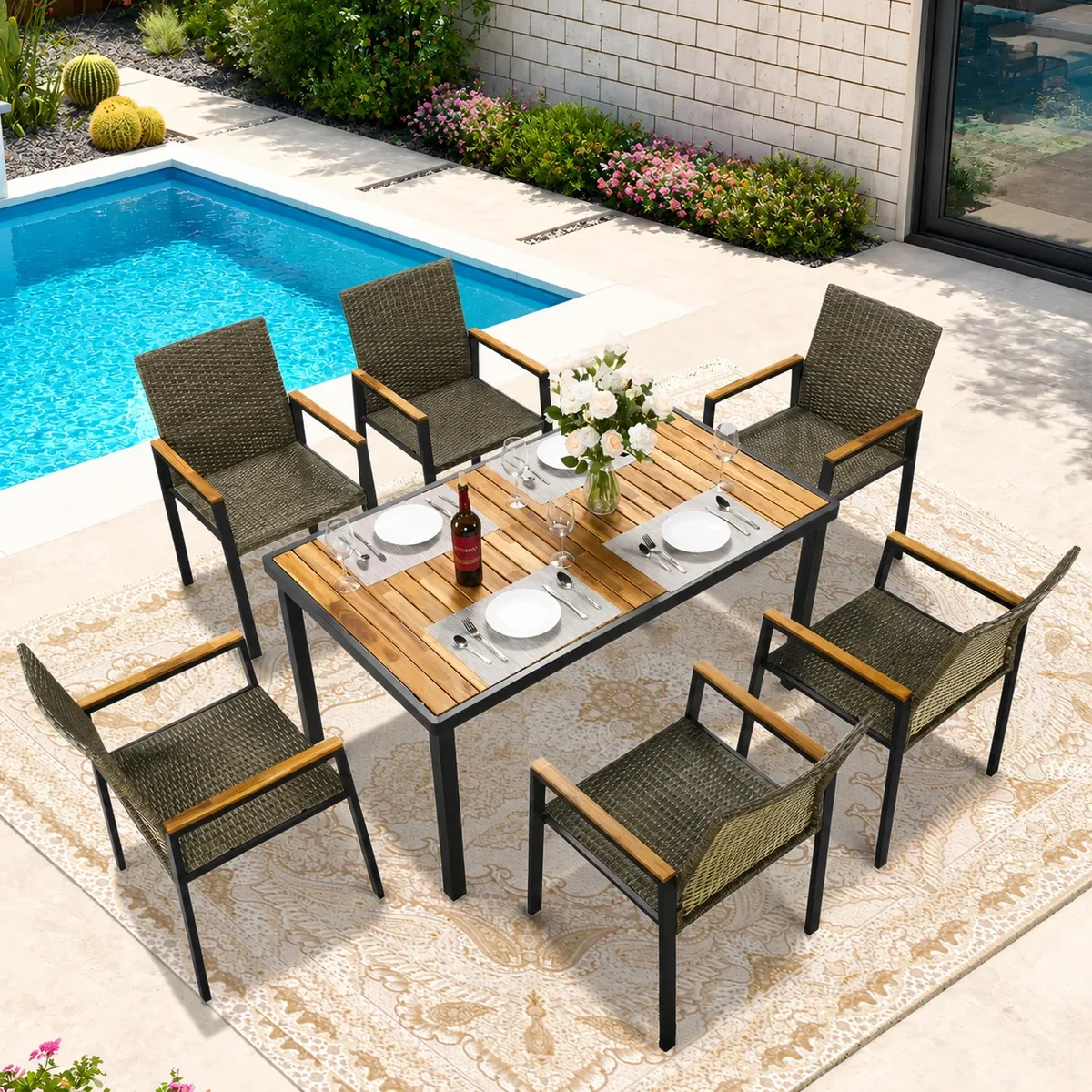 Seizeen 7-Piece Outdoor Table and Chairs, Patio Table Set with 6 Rattan Chairs, All-weather Outdoor Patio Dining Sets Rectangular Metal Table wit 4154