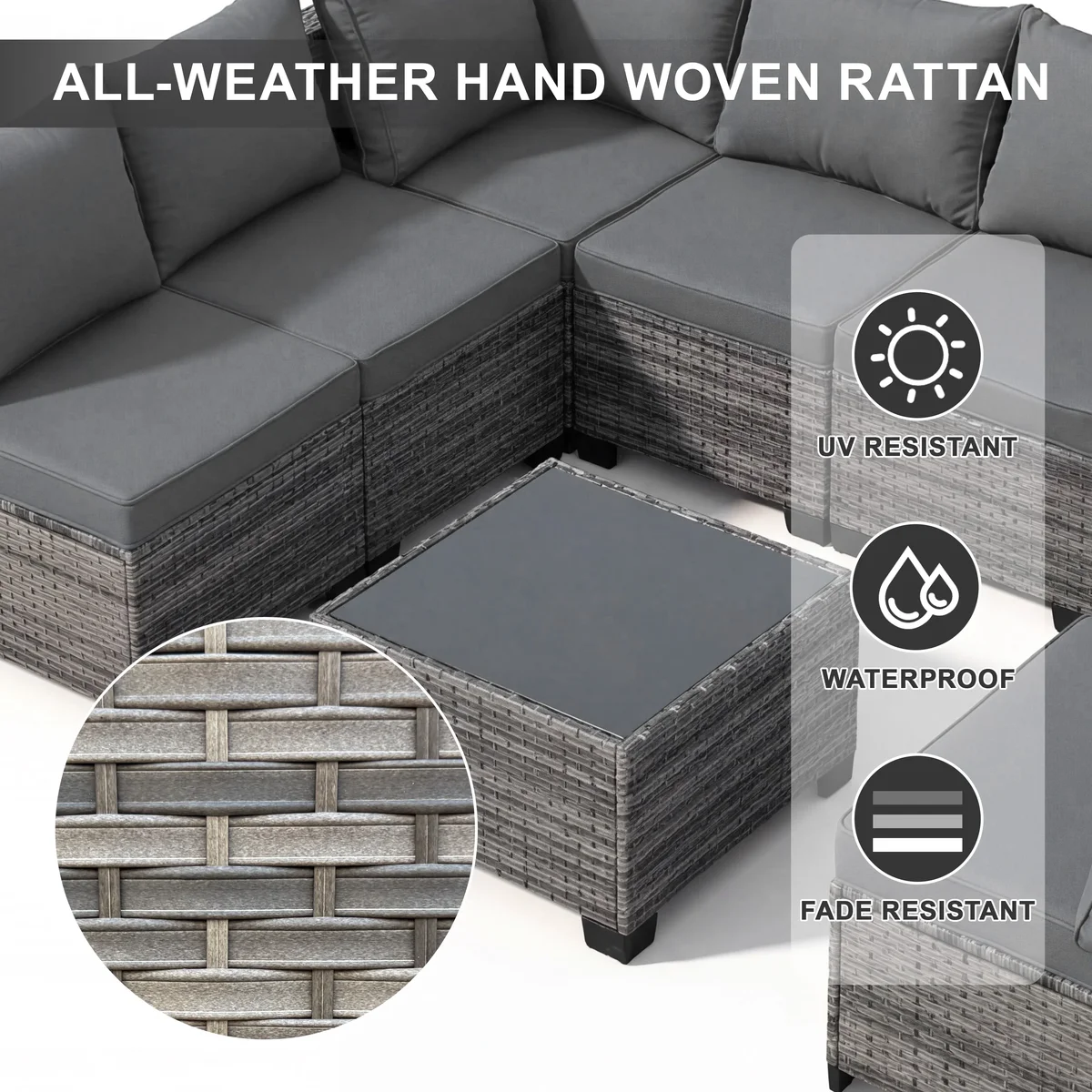 MOLIBYME 7 Pcs Outdoor Patio Furniture Set, Modular Outdoor Sectional Wicker Conversation Set, Rattan Sofa Set with Glass Table and Washable Cush 9494