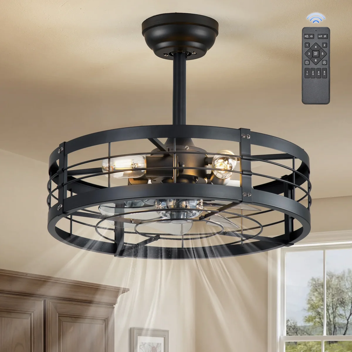 Lokivas 20 Inch Black Caged Ceiling Fan with Light, Industrial Fandelier with Remote Control, 6-Speed & Timer, Farmhouse Style for Kitchen, Bedro 9221