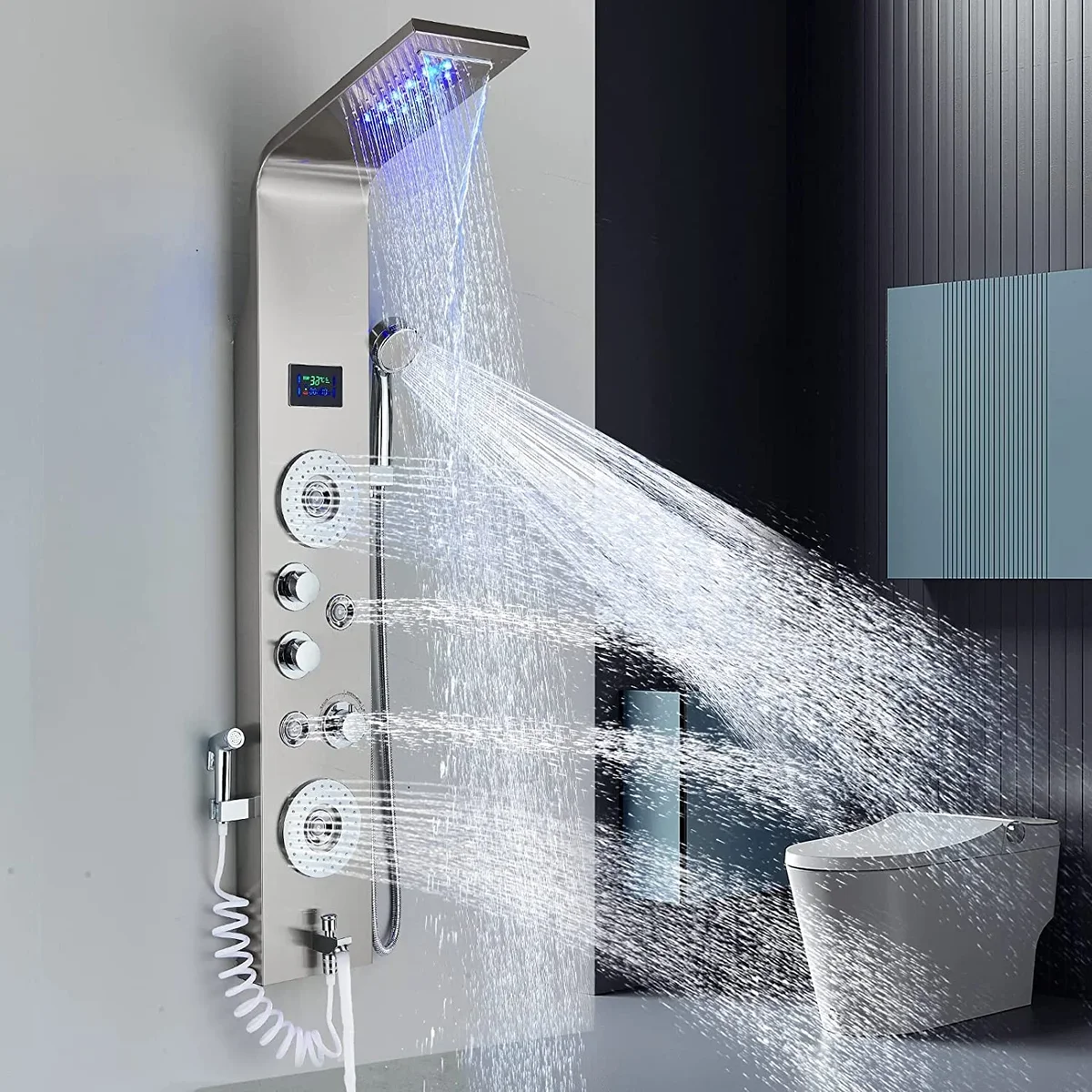 Senlesen Shower Panel Tower System LED Rain&Waterfall Massage Jet Sprayer Stainless Steel 1561