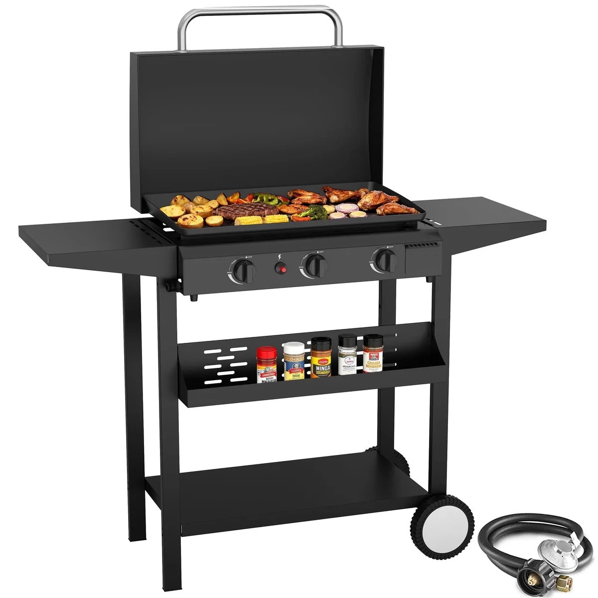 SKOK 23'' 45,000 BTUs Portable 3-Burner Propane Flat Top  Gas Propane Griddle with Hood for Camping 1189