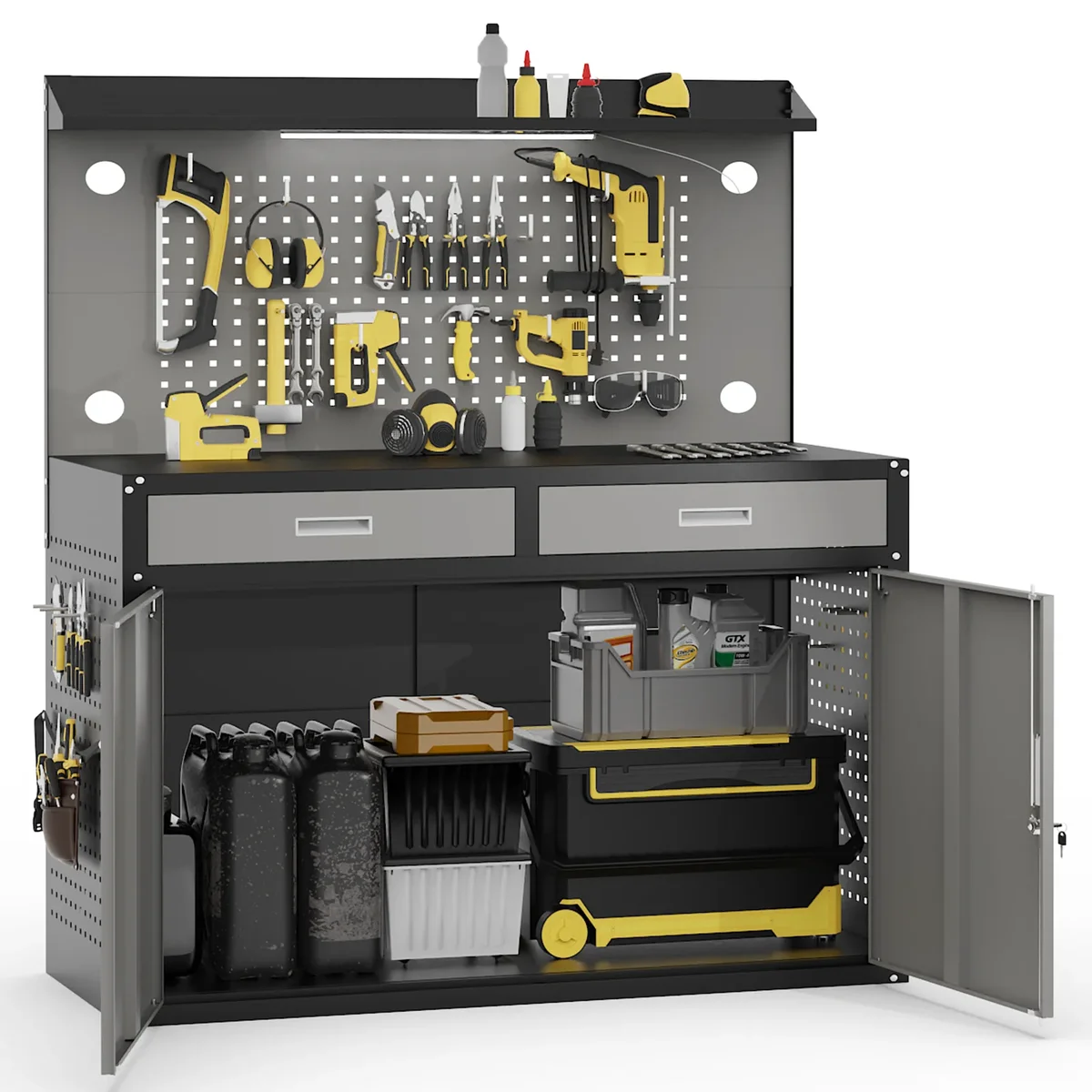 HIWALEN 65" Heavy Duty Workbench with Drawers and Lockable Storage Cabinet- 2000 LBS Capacity Work Bench with Pegboard Organiser,Work Table with Adjustab 2607