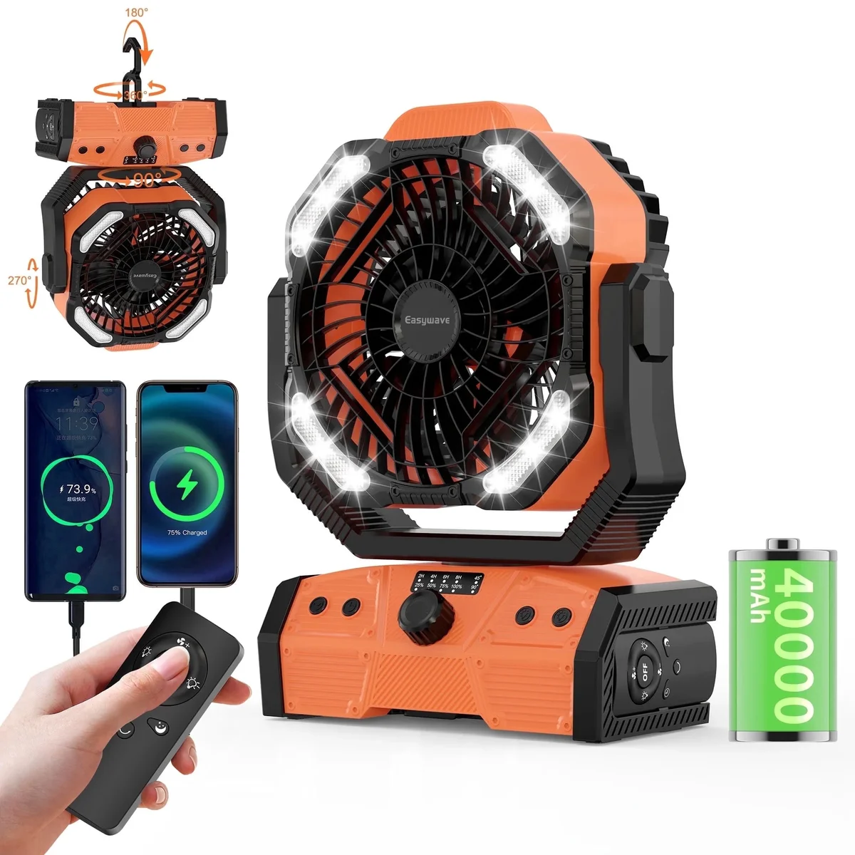Easywave Camping Fan Battery Operated Powered Fan with LED Lantern Light 40000mAh Rechargeable Portable Fan, Oscillating Fan with 270° Rotation Hanging H 5428
