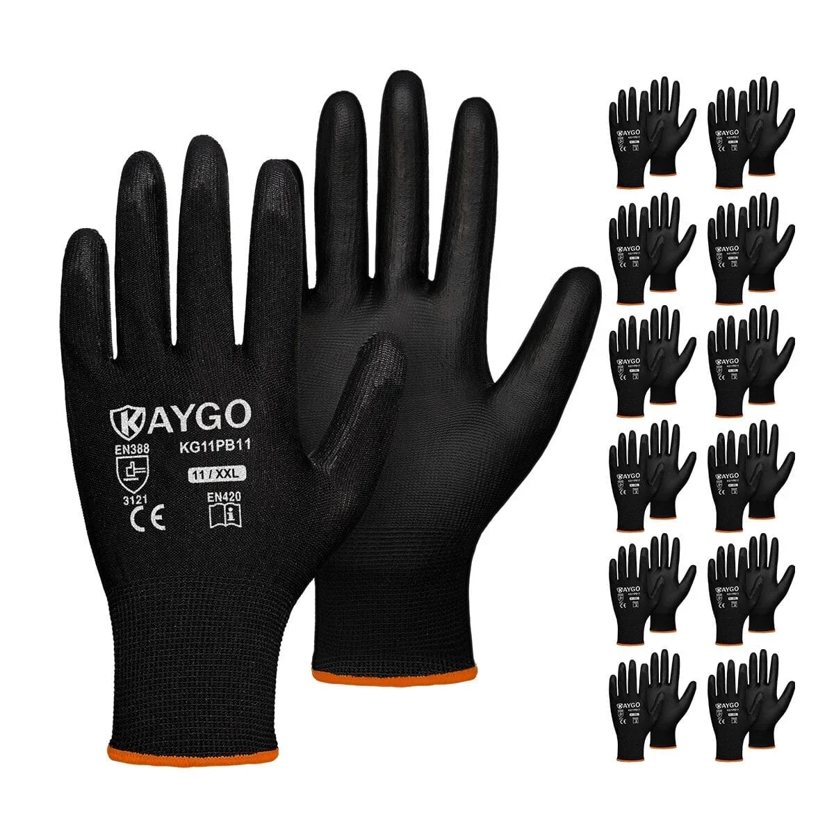 KAYGO ﻿KAYGO Safety Work Gloves, 12 Pairs, PU Coated Seamless Knit Gloves for Men and Women (2XL, Black) 2299