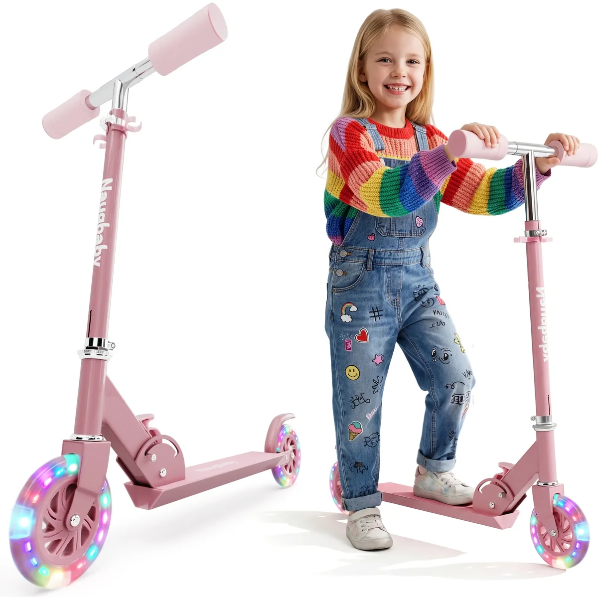 Everdaily Essentials Kick Scooter with LED Light-Up Wheels, Foldable Lightweight Design with 3-Level Adjustable Handlebar, 5" Shock-Absorbing Wheels, Non-Slip Deck, f 1996
