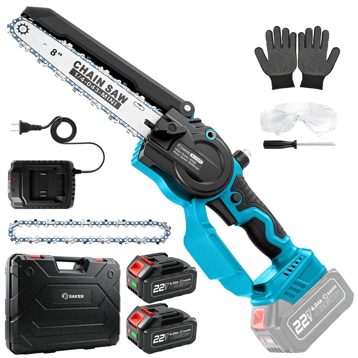 Saker 8 Inch Cordless Electric Mini Chainsaw, Portable Handheld Pruning Saw for Tree Trimming & Wood Cutting 9924