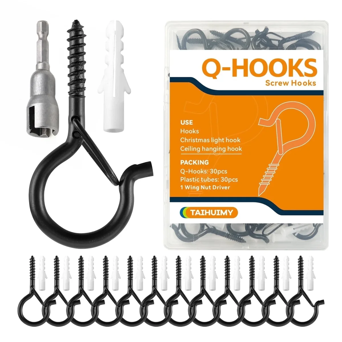 TAIHUIMY 30 Pack Screw Hook Q-Hanger Hooks for Outdoor String Lights, Hanging Eye Iron Hooks Christmas Rope Clips, Wall Wood Cabinet Ceiling for  6619