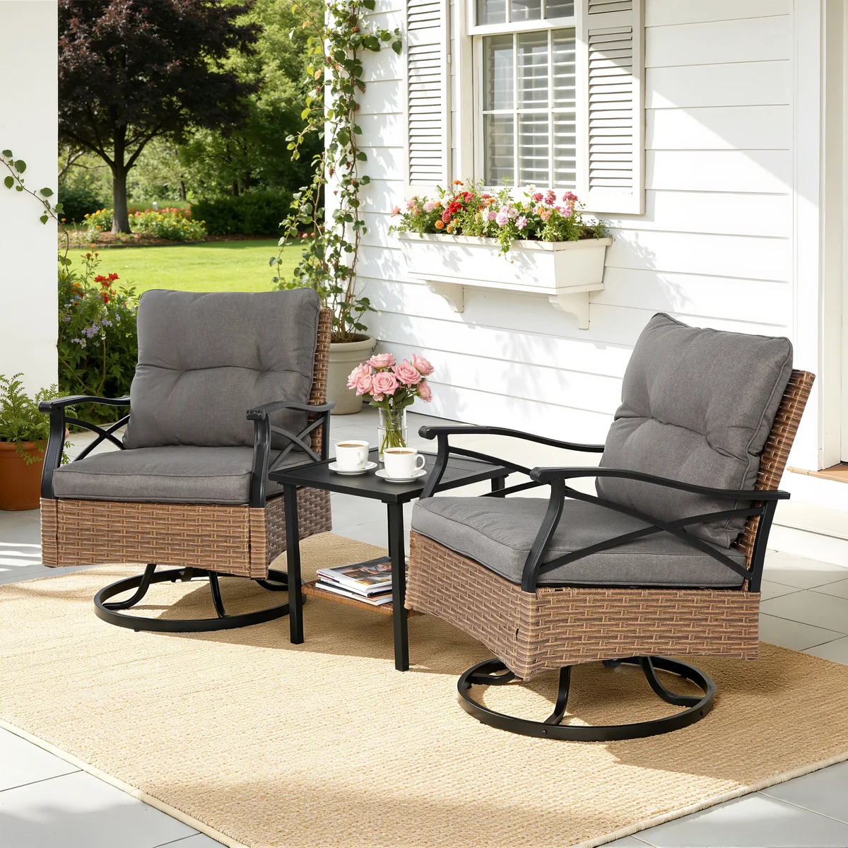 Syngar 3 Piece Outdoor Bistro Swivel Chairs Set, Patio Bistro Set w/ 360° Swivel Rocking Chairs & Table, All-Weather Conversation Set with Metal Frame  4592