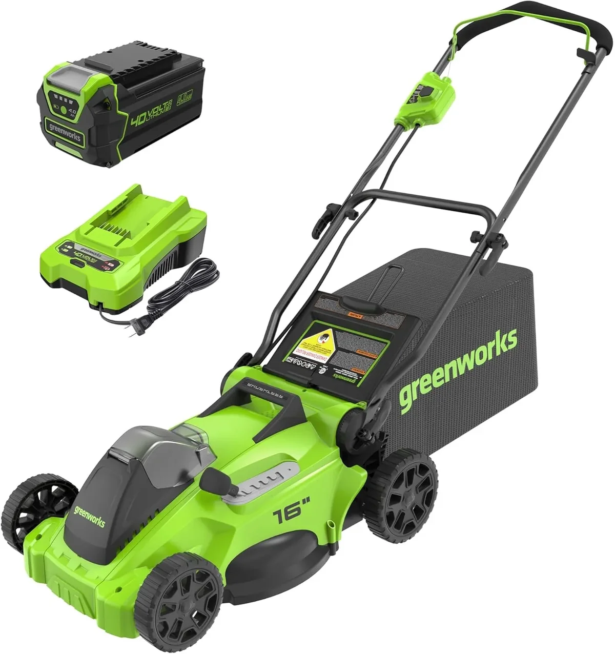 Greenworks 40V 16inch Brushless Cordless Lawn Mower, 4.0Ah Battery and Charger Included 0902