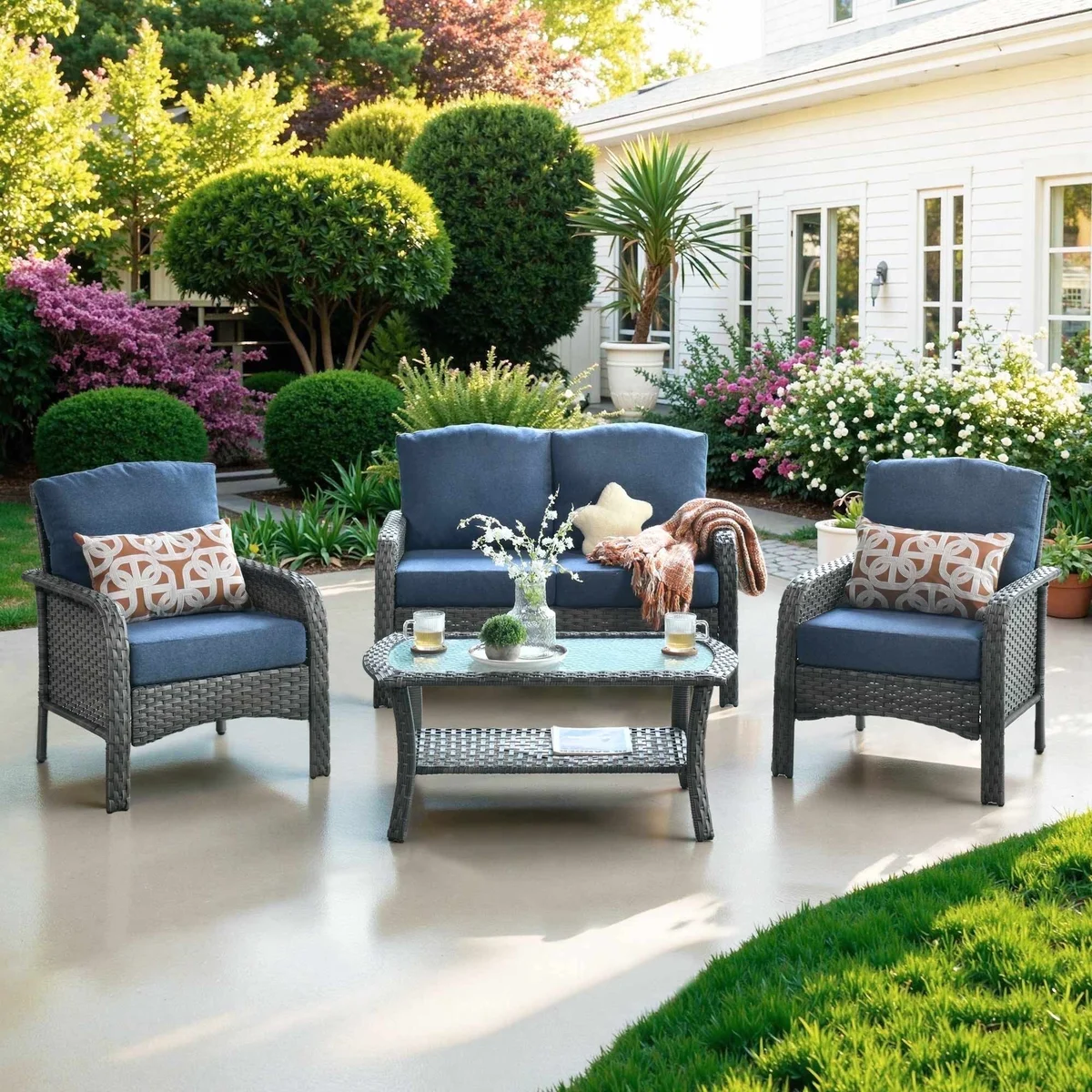 Ovios 4 Pieces Wicker Outdoor Patio Furniture with Coffee Table High Back All Weather Rattan Outdoor Sectional Conversation Set for Backyard Porc 5594