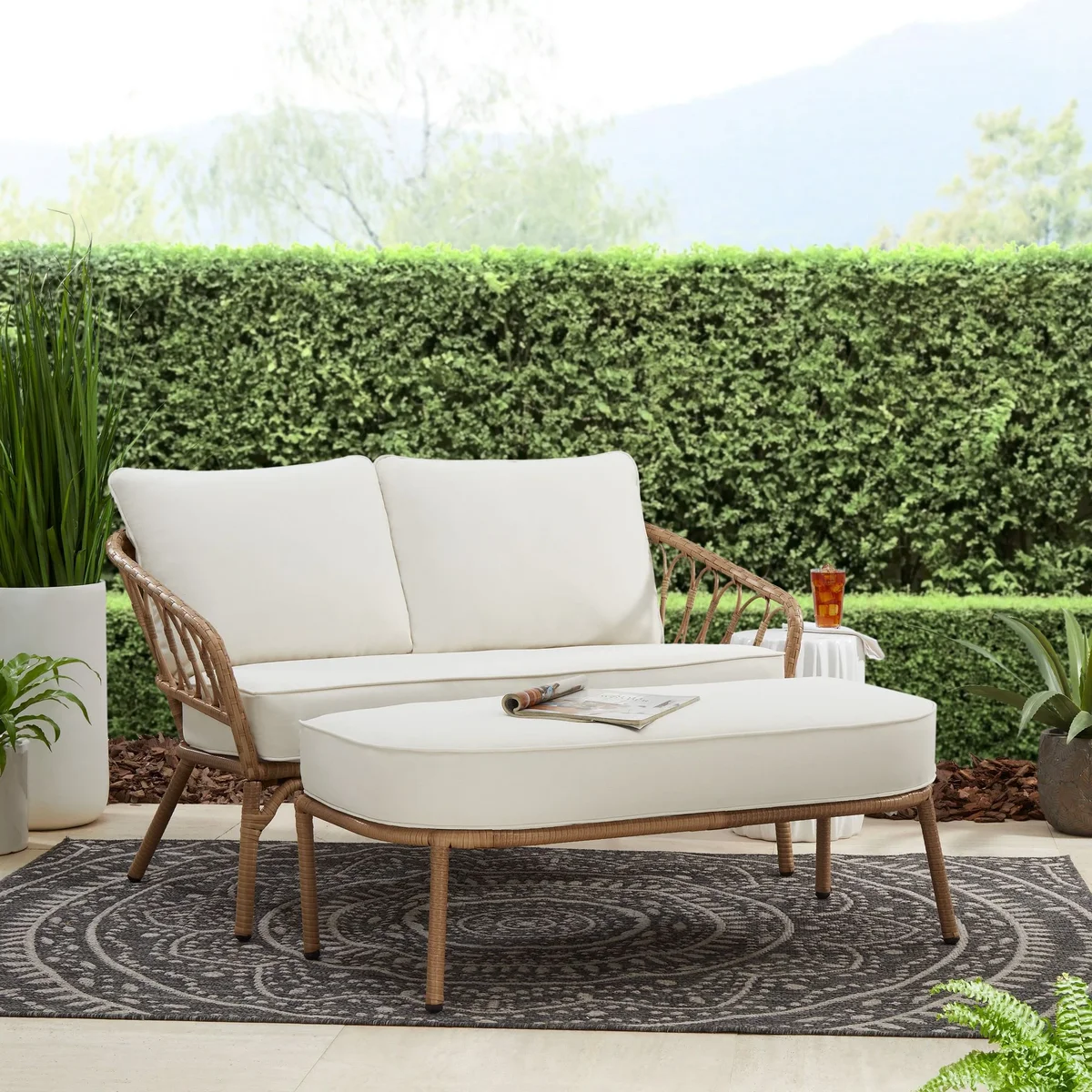 Better Homes & Gardens Willow Sage All-Weather Wicker Outdoor Loveseat and Ottoman Set, Beige 2371