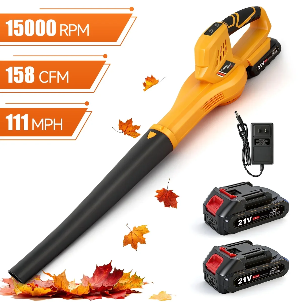 BAOKALER Cordless Leaf Blower, 6-Speed 158CFM 111MPH Powerful Electric Blower with 2 x 2.0Ah Batteries for Lawn, Patio & Dust Cleaning, Yellow 5759