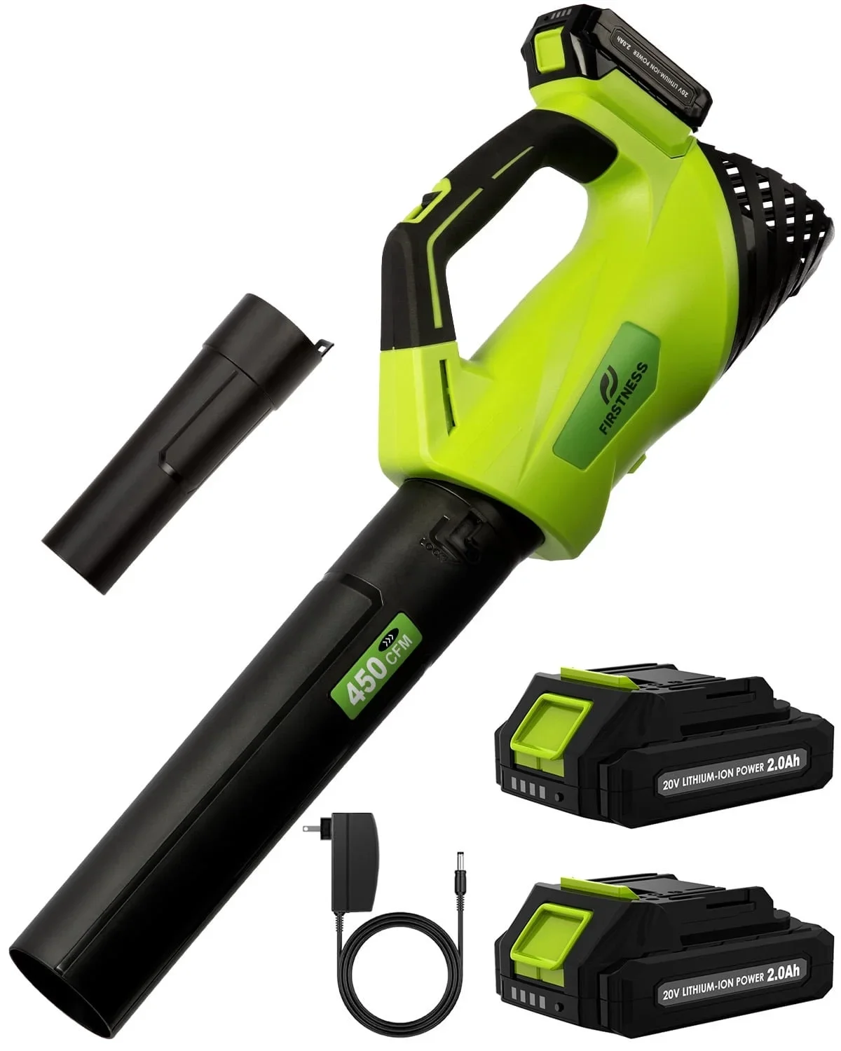 Firstness Cordless Leaf Blower, 20V Leaf Blower with 2 Batteries & Charger, Up to 450CFM/145MPH, 2 Variable Speed, Lightweight for Blowing Leaves 1984