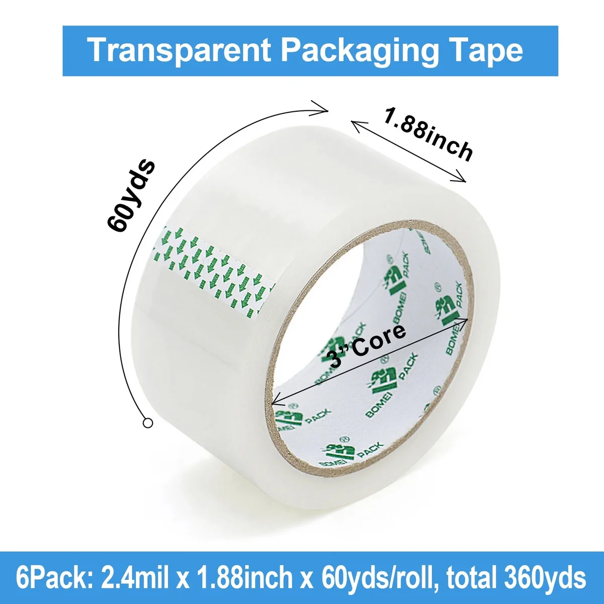 Bomei Pack Heavy Duty Transparent Packing Tape with Dispenser - 6Rolls, Total 360Y, 2.4 mil, 1.88 inch x 60 Yards, Clear Packaging Tape Refills for Shipping 6099