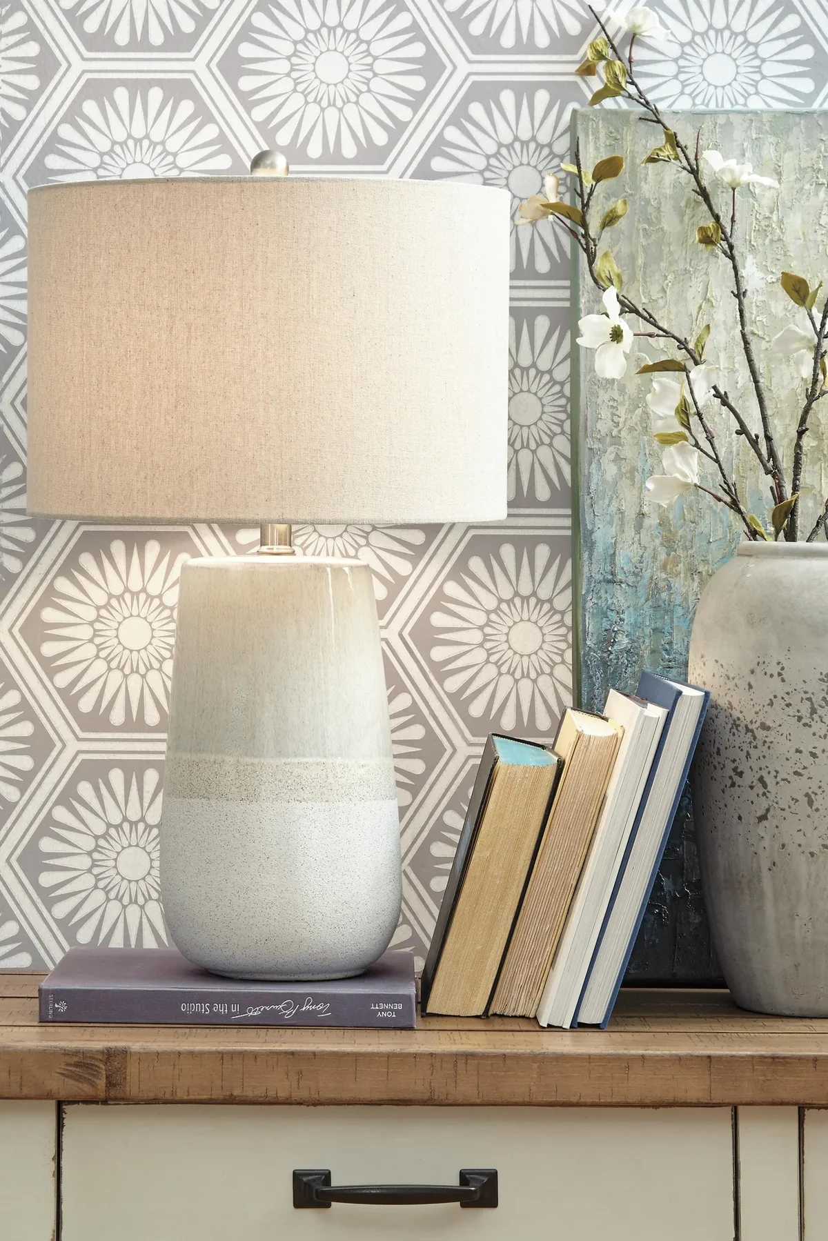 Signature Design by Ashley Shavon Ceramic Table Lamp, Beige/White, Coastal Drum Shade Lamp with 3-Way Switch 8112