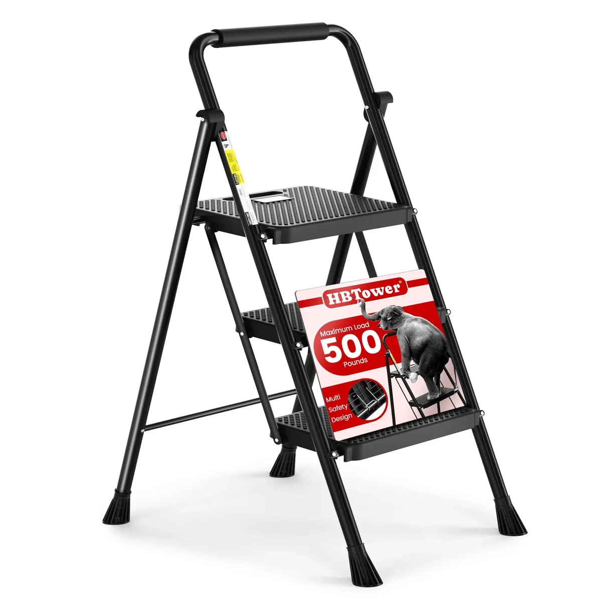 HBTower 3 Step Ladder, Folding Step Stool with Wide Anti-Slip Pedal, Convenient Handgrip, Lightweight 500lbs, Portable Steel Step Stool, Black 6309