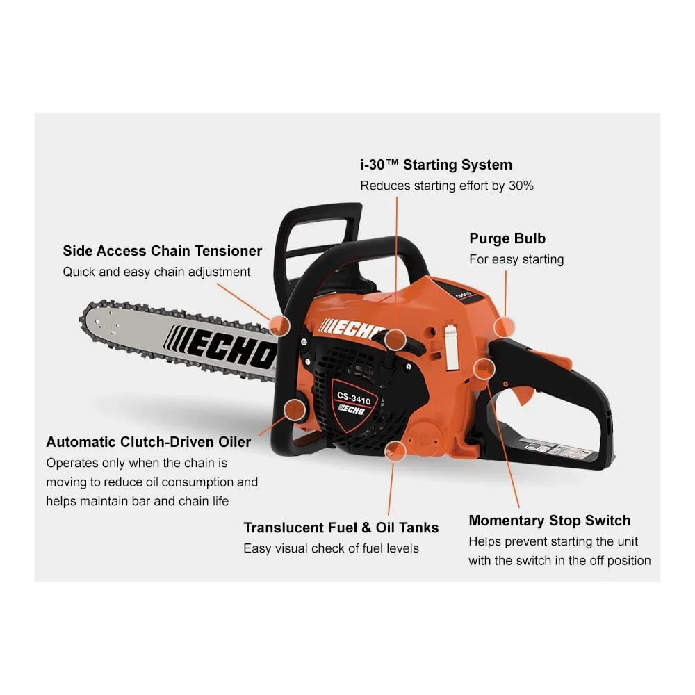 ECHO CS-3410 14” 34.4cc 2-Cycle Gas Chainsaw, i-30 Start, Automatic Oiler 8318