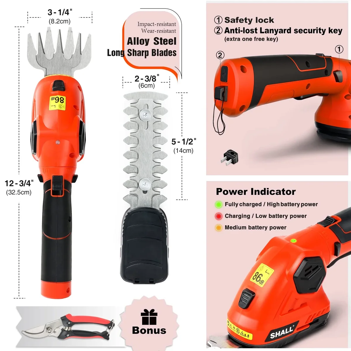 SHALL Hedge Trimmer Cordless & Garden Shears - 7.2V Electric Shrub Trimmer 2 in 1 Garden Clippers Handheld Hedge Trimmers, Hedge Clippers Grass C 9503