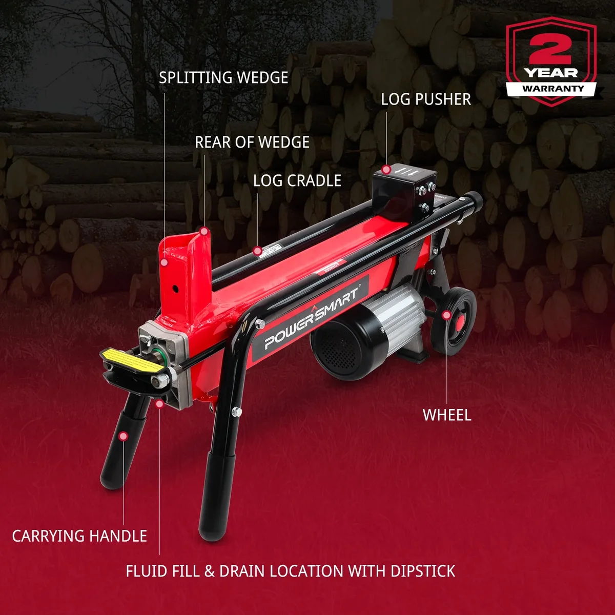 PowerSmart 7-Ton Electric Log Splitter – 15A, 3500 RPM, 3200 PSI Horizontal Full-Beam Wood Splitter with Steel Wedge for Firewood & Kindling 1474