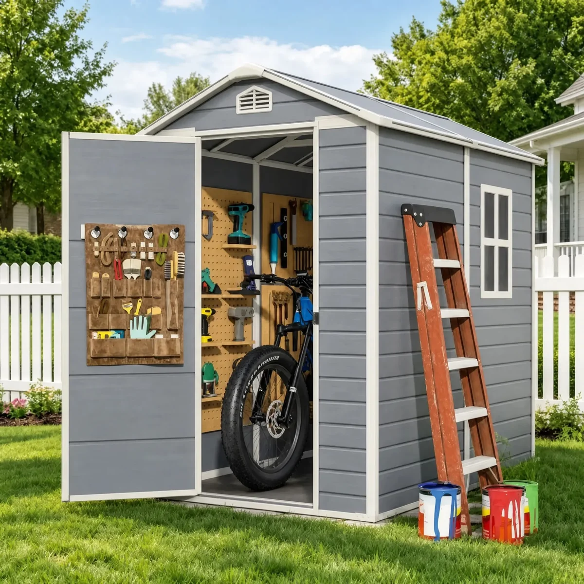 Asofer 6x4 ft Outdoor Resin Storage Shed with Floor & Lockable Doors - Heavy Duty Plastic Garden Shed for Backyard|Patio|Lawn Tool Organization - 6135