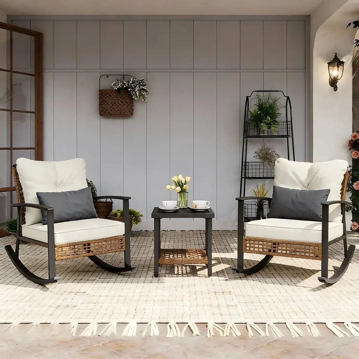 LAZZO 3 Pieces Patio Outdoor Conversation Set with Lumbar Pillows and  Coffee Table, PE Wicker Rocking Chairs with Beige Cushions 0079