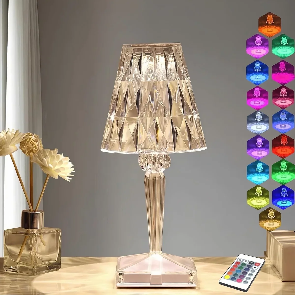 Everdaily Essentials Crystal Diamond Table Lamp, 16 Color Changing RGB Touch & Remote Control, Decorative Bedside Lamp Desk Light for Living Room Bedroom 9909
