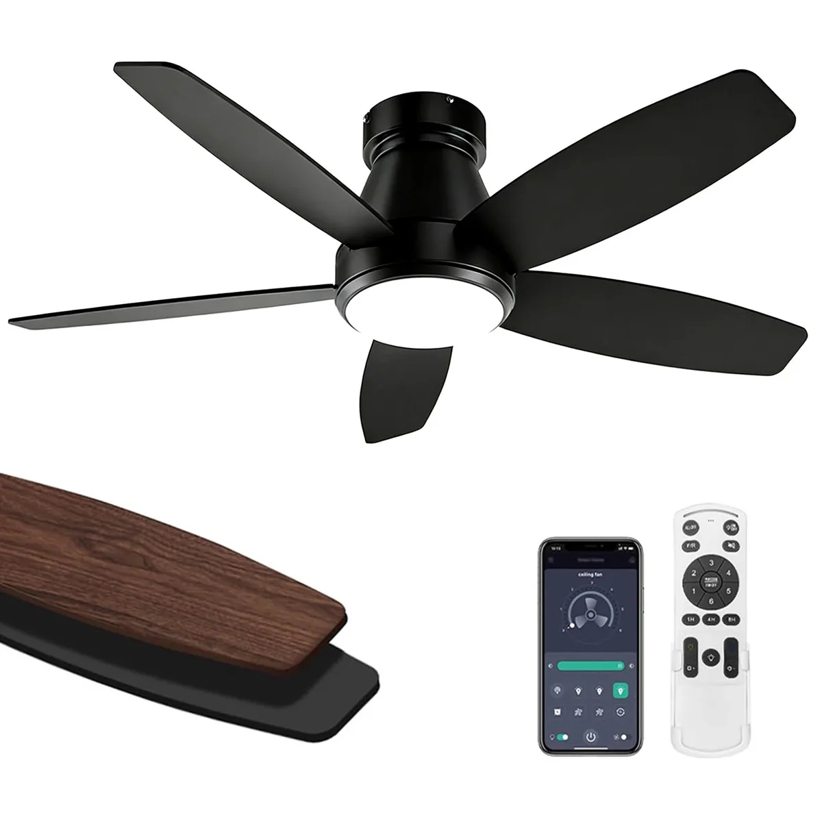 Gijjgole Ceiling Fans with Lights, 42-Inch Low Profile Flush Mount Ceiling Fan with Light and Remote Control, Reversible, 3CCT, Dimmable, Noiseless, Black 8084