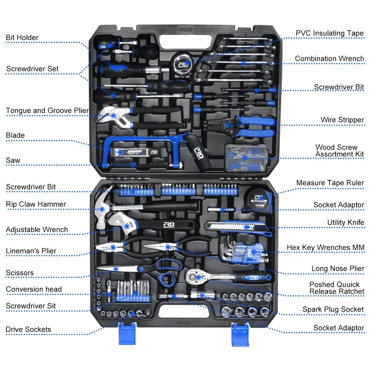 PROSTORMER 198 Pcs Hand Tool Set,DIY Home Repair Kit,Multi-Purpose Car Repair Tool Set,with Hammer,Pliers,Screwdriver Set,Wrench Sockets and Plas 9533