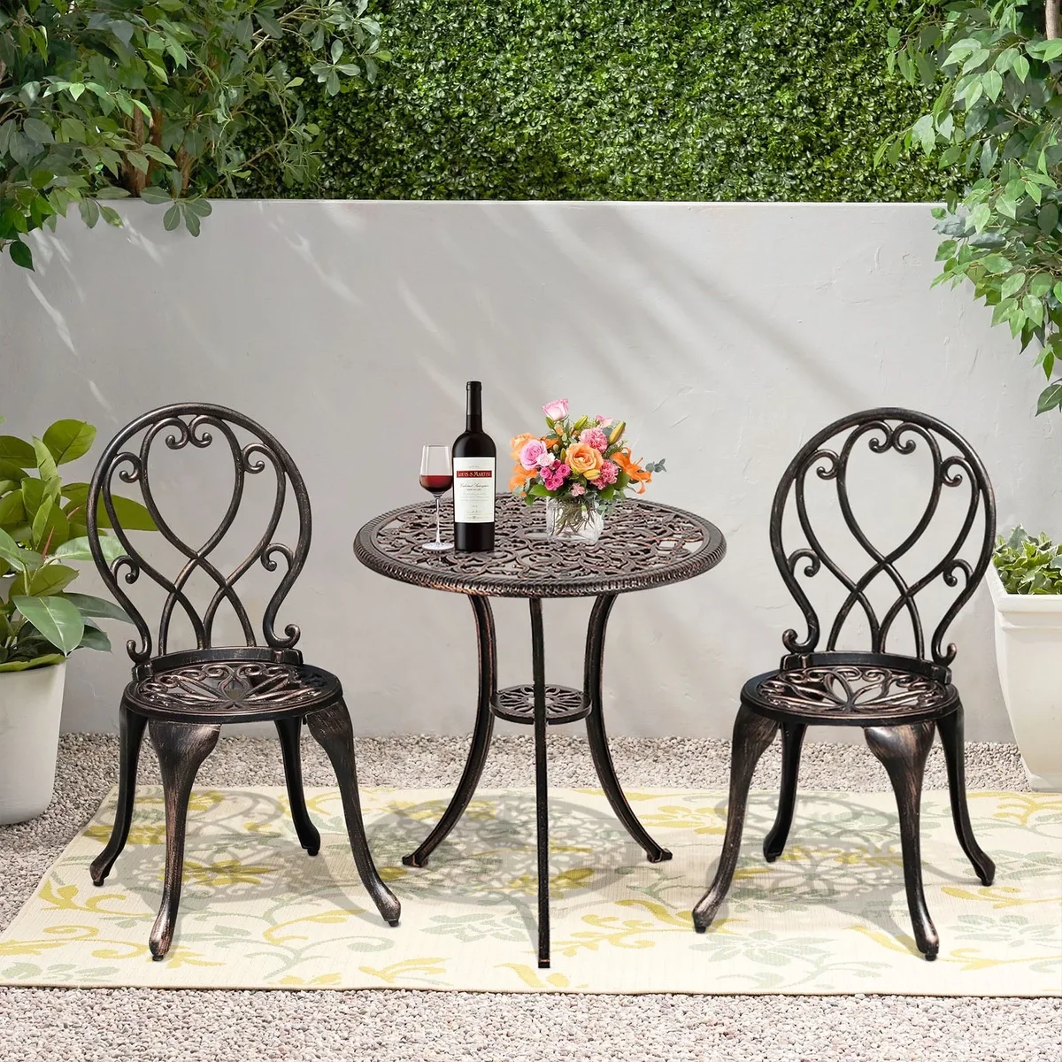Everdaily Essentials 3-Piece Outdoor Bistro Set, All Weather Cast Aluminum Patio Dinning Retro Table and Chairs with 2" Umbrella Hole, Bronze 5050