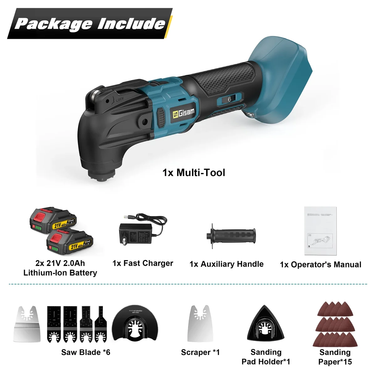 Everdaily Essentials 21V Max Cordless Oscillating Multi-Tool with Brushless Motor, 2 x 2.0Ah Battery, Auxiliary Handle, 23pcs Accessories Ref. 9791