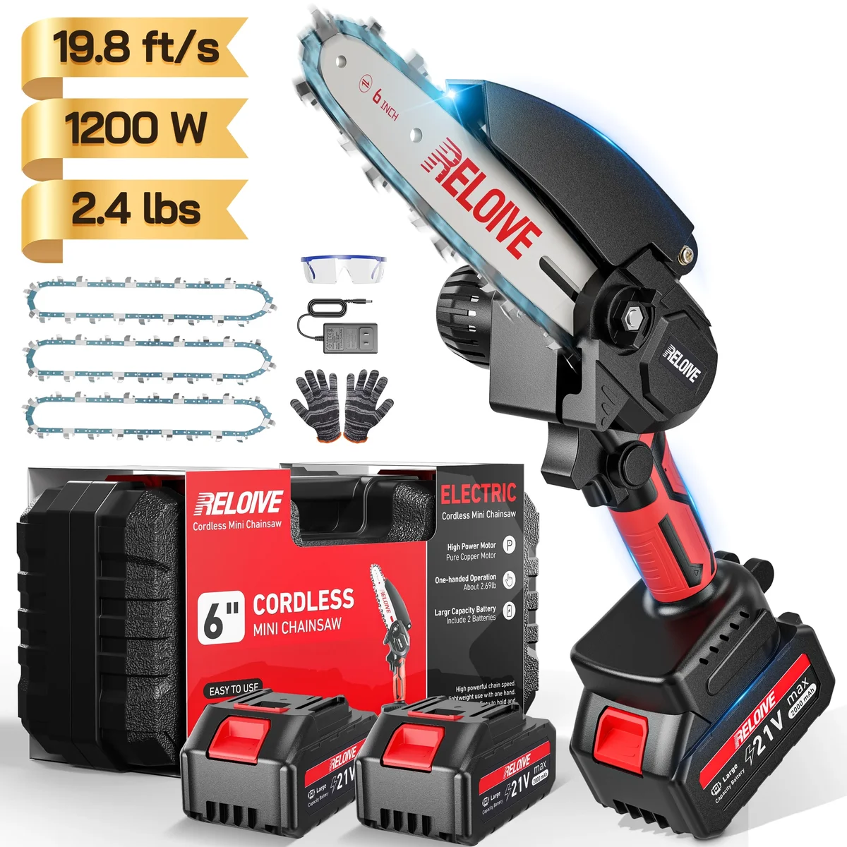 RELOIVE 6 in Mini Chainsaw with 2PCS 2.0 Ah Batteries 3 Chains,Cordless Small Handheld Chain Saw for Wood Cutting Tree Trimming 9184