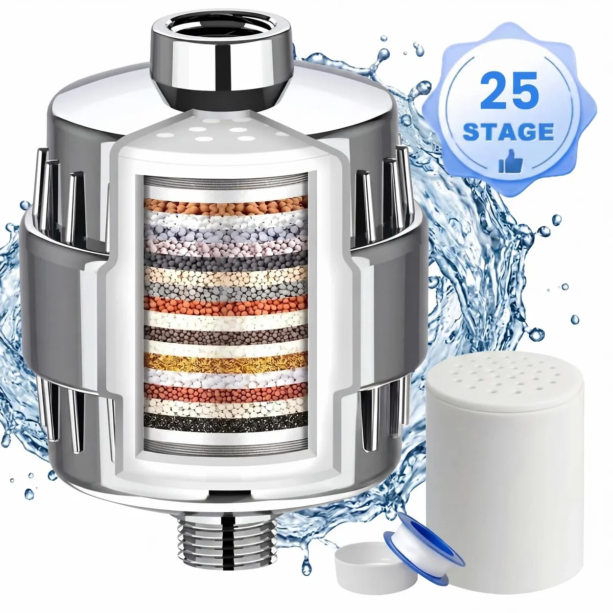 Absoke Shower Filter 25 Stages High Output with 2 Replaceable Shower Filter Cartridges for Hard Water Universal Shower Head Reduces Impurities, Improves 1792
