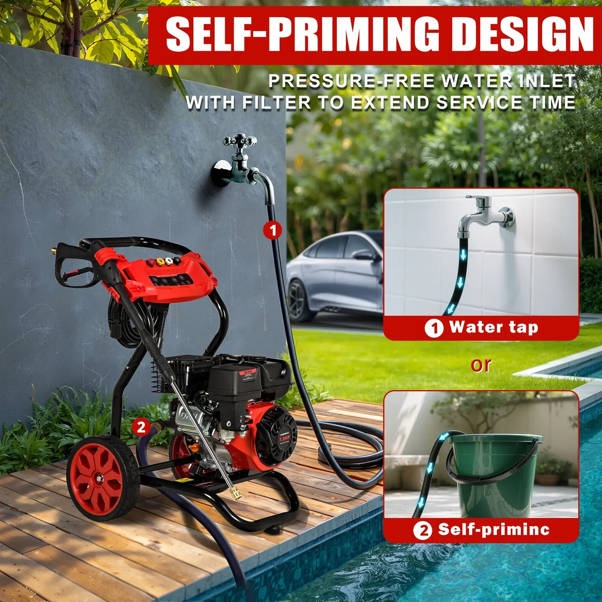 Seizeen Pressure Washer Gas Powered, 3500PSI High Pressure Power Washer W/7.0HP Aluminum Pump, 210CC Powerful Engine, Maximum Spray 32.8FT, 4 Nozzles, fo 2831