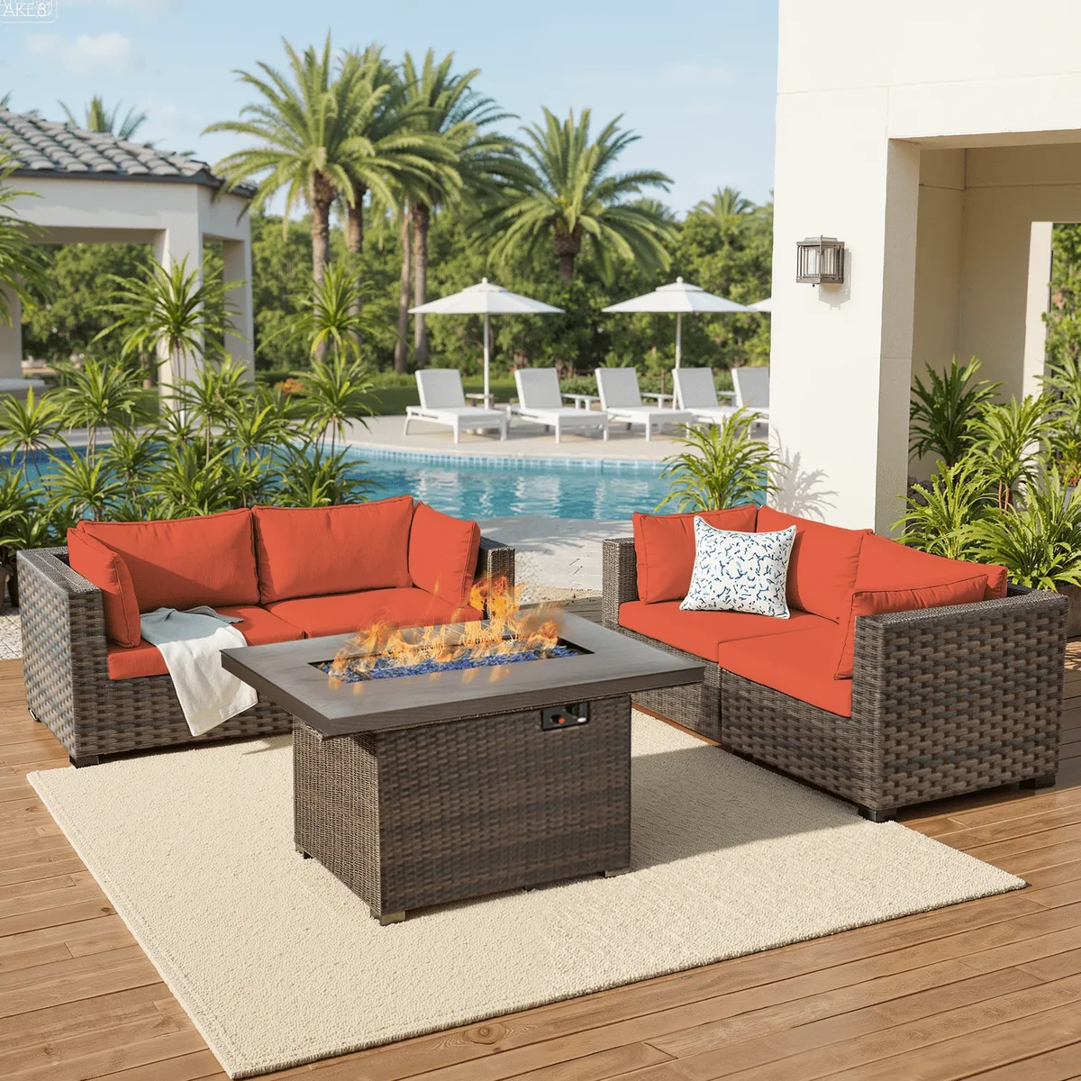 TANGJEAMER 5 Piece Patio Furniture Set with Fire Pit Table, All Weather Outdoor Sectional PE Rattan, Patio Conversation Sets with Cushions and Gl 0762