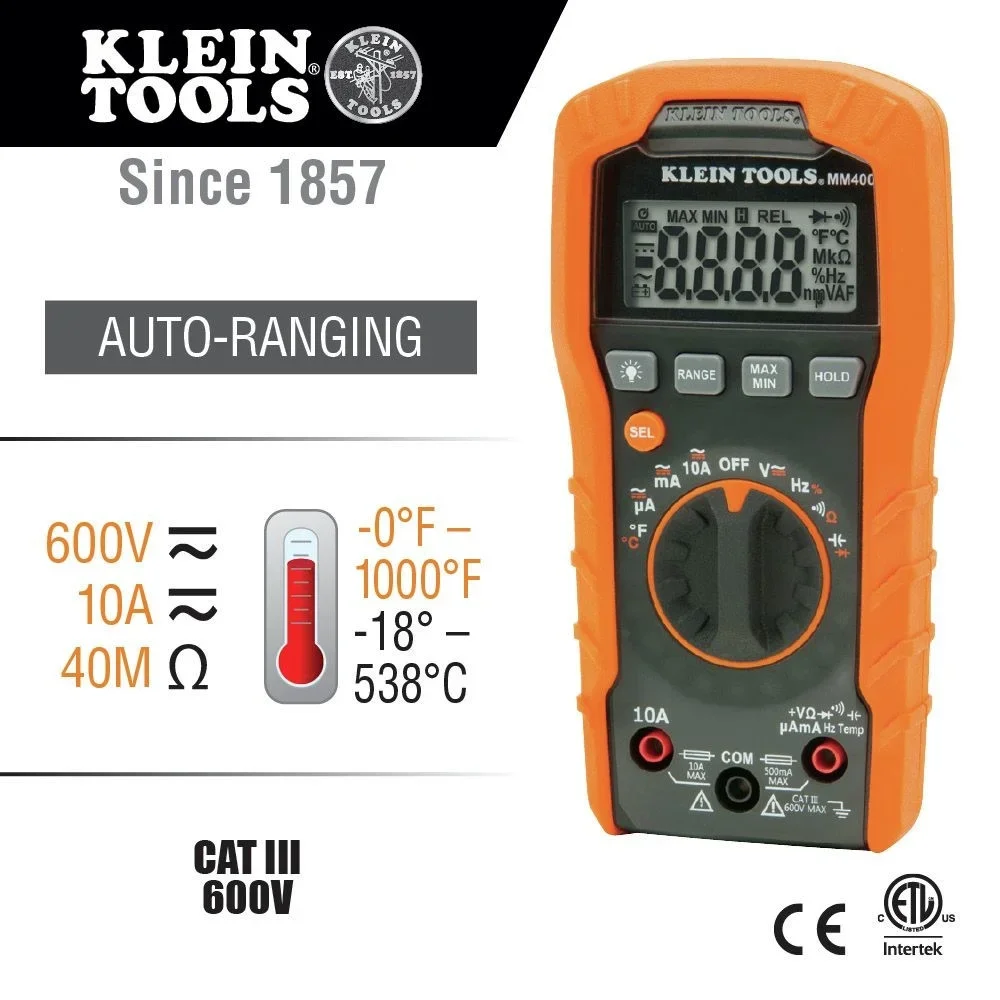 Klein Tools MM400 Digital Multimeter, Auto-Ranging, 600V 8398