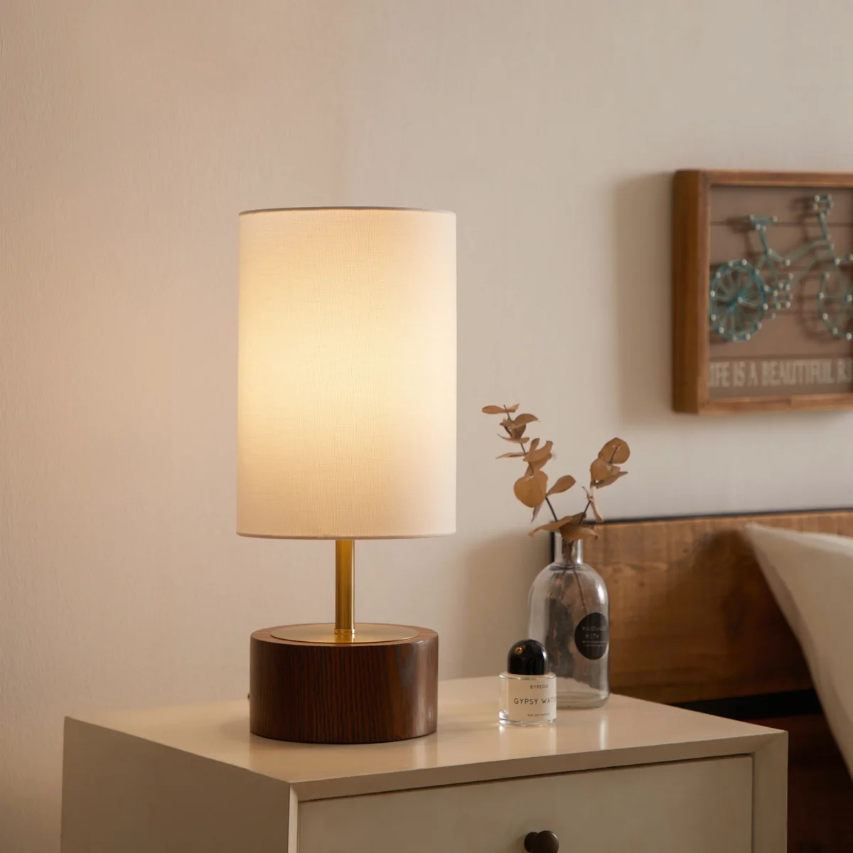 Better Homes & Gardens 16.25" Walnut and Brushed Brass Finish Woodgrain Touch Table Lamp 1592