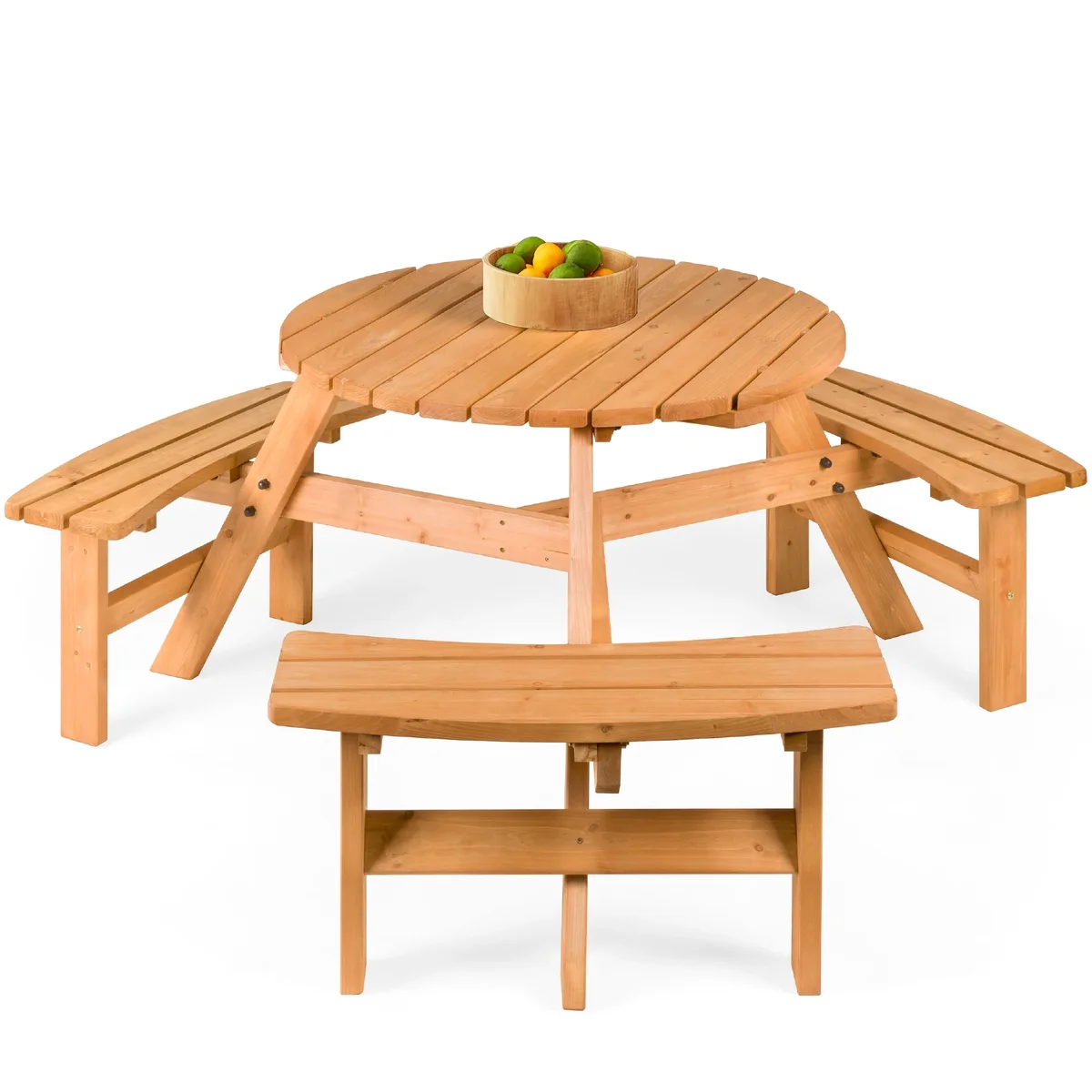 Best Choice Products 6-Person Circular Outdoor Wooden Picnic Table w/ 3 Built-In Benches, 500lb Capacity - Natural 5792
