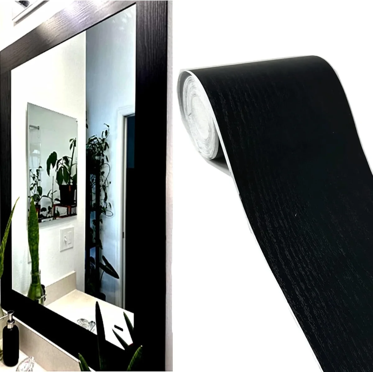 TRIANI Bathroom Mirror Frame Border Sticker,Black Border Stick , Black Wood Grain Wallpaper Border Removable Waterproof Bathroom Mirror Frame Sticker(3. 7104