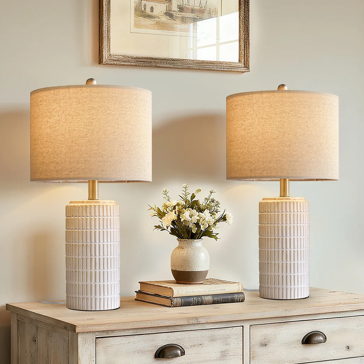 Oneach White Ceramic Table Lamps Set of 2 for Living Room Bedroom 23" Rustic Bedside Nightstand Lamps with Linen Lamp Shades 1902