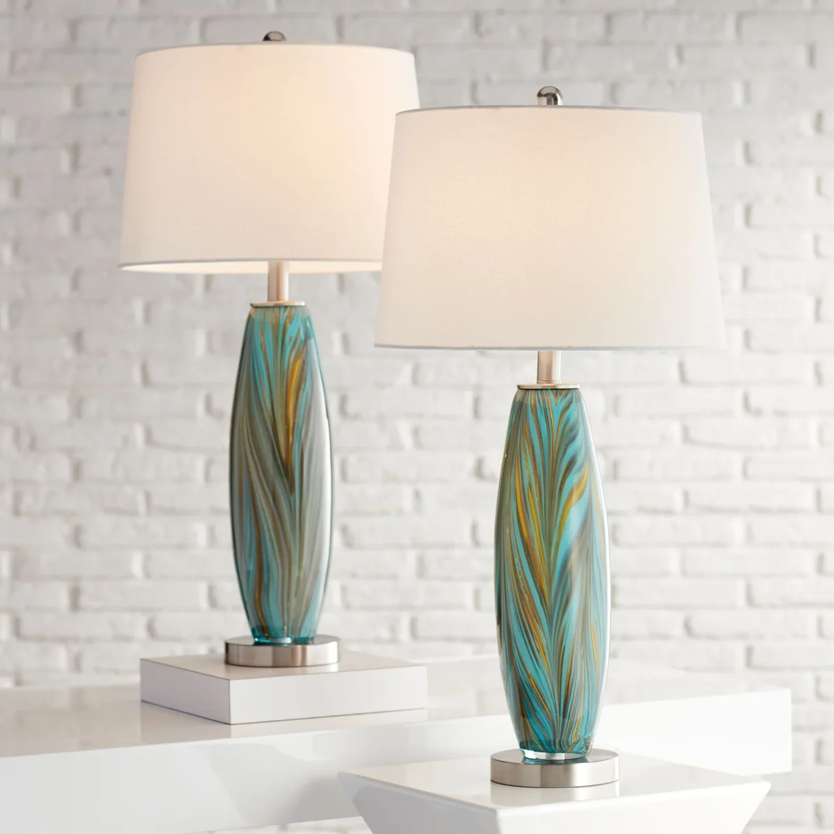 Everdaily Essentials Azure Modern Table Lamps 29 1/2" Tall Set of 2 Blue Brown Art Glass White Fabric Drum Shade for Bedroom Living Room Bedside Nightsta 0320