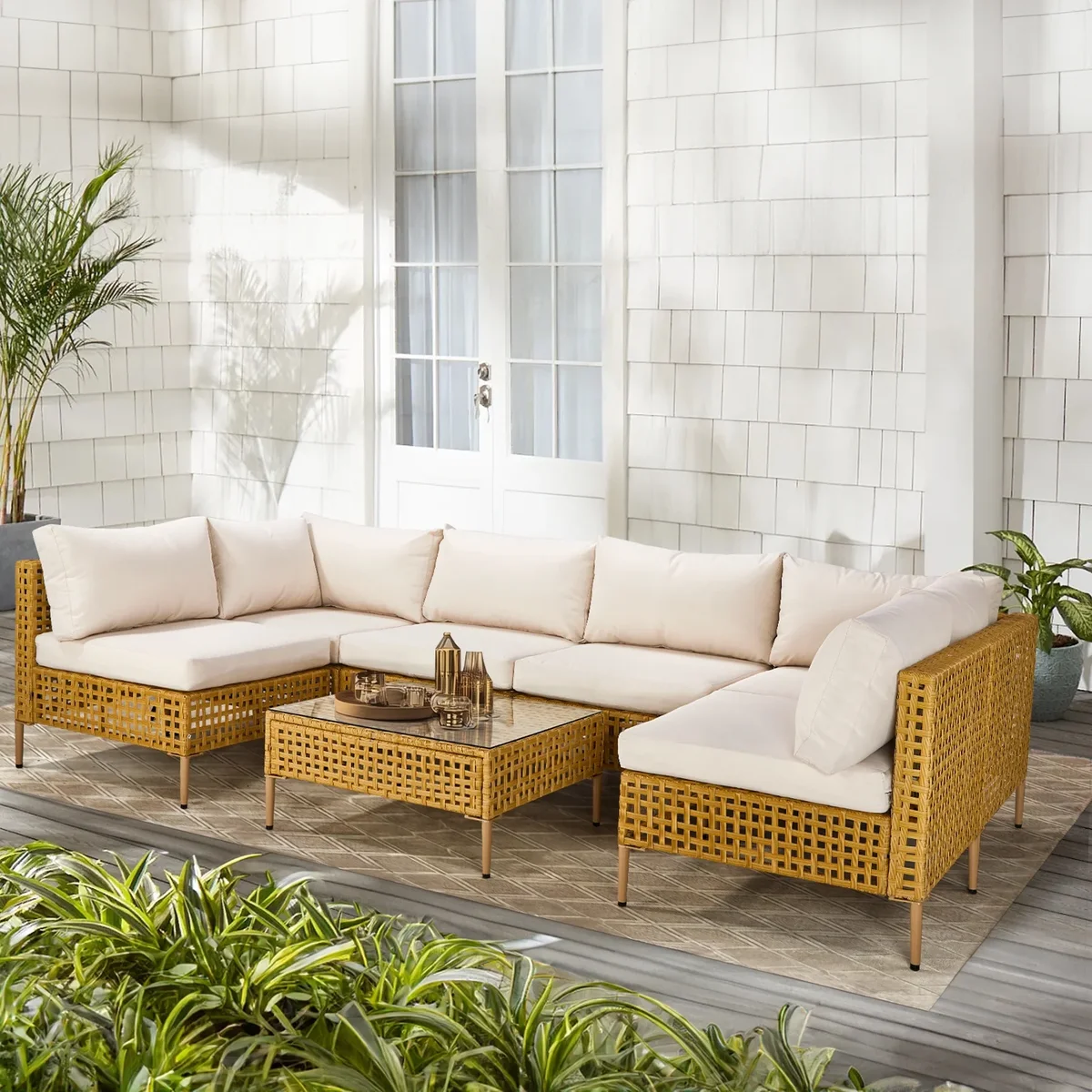 Zimtown 7-Piece Patio Furniture Set, Wicker Outdoor Furniture Set with Coffee Table and Cushion , Beige 9223