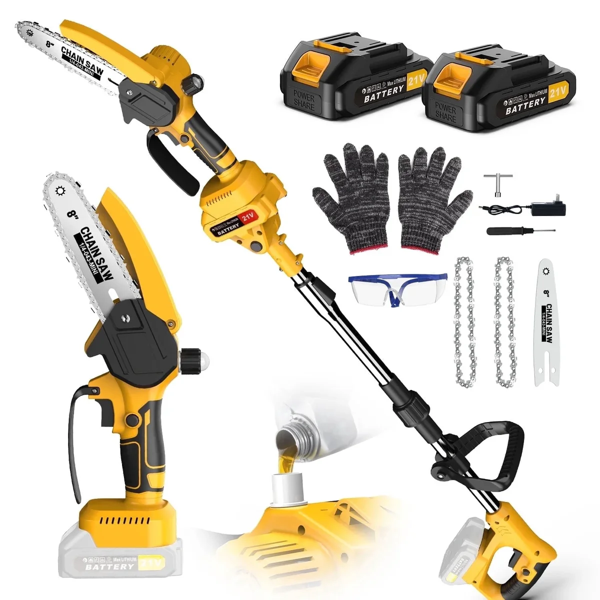 Everdaily Essentials 8-Inch Electric Pole Saw with 2 x 3.0Ah Battery, 2-in-1 Mini Cordless Chainsaw with Extension Pole for Tree Trimming & Wood Cutting 0198