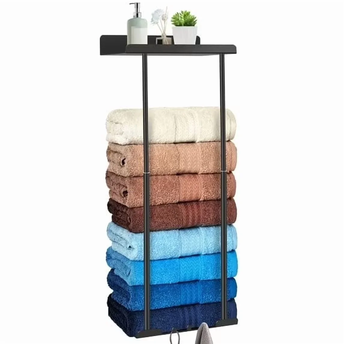 PHANCIR Retractable Wall-Mounted Towel Rack for Bathroom, Metal Towel Holder with Shelf & Hooks, Storage for Bath Towels & Hand Towel, Black 5511