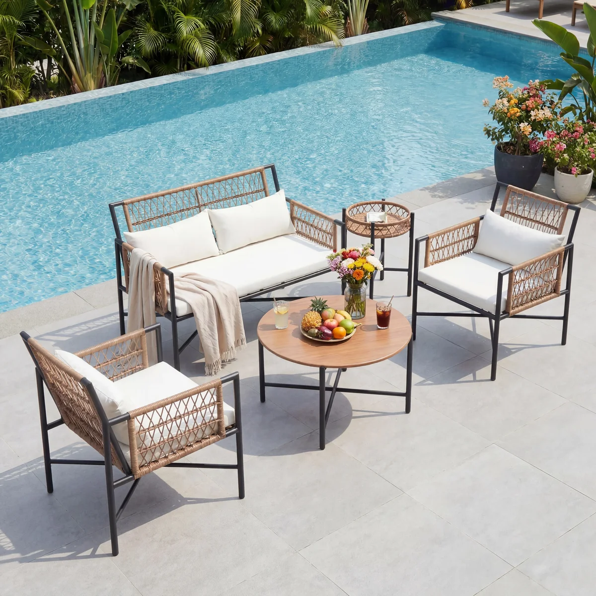 LAUSAINT HOME 5 Piece Outdoor Conversation Set, 2 Armchairs, 1 Loveseat and 2 Tables, Beige Cushions 3344